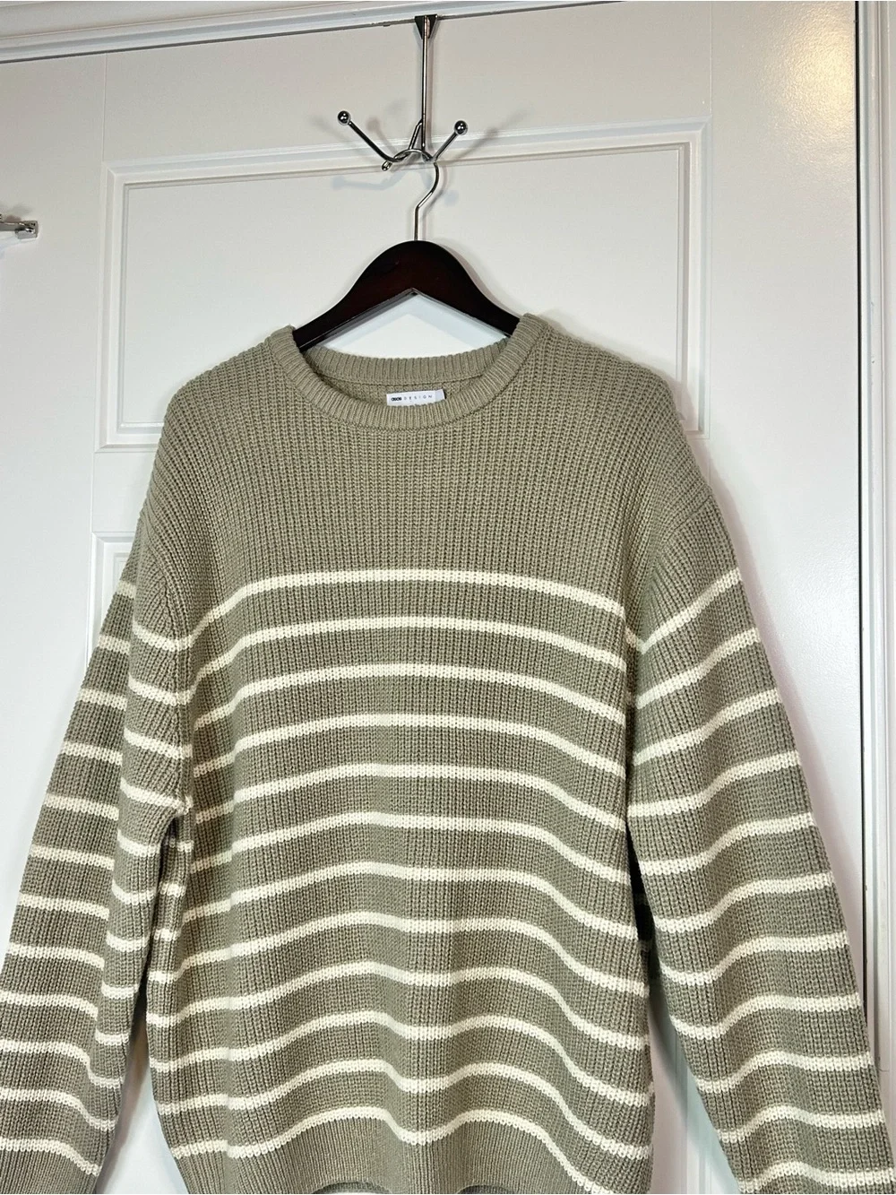 ASOS Men’s Oversized Crew Neck Knit Sweater Green & Ecru Stripes Size Large